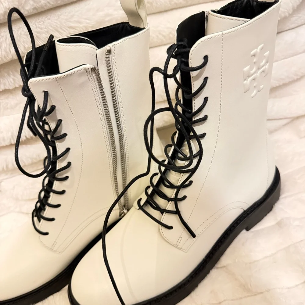Tory Burch White Leather Lace-Up Combat Boot with Black Laces